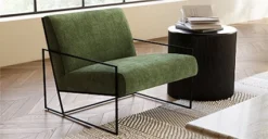 Bo Fabric Lounge Chair -Poly and Bark LR A5512 310 BoLoungeChairinDistressedGreenVelvet Lifestyle1 425x221px