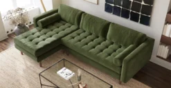 Napa Velvet Left-Facing Sectional Sofa -Poly and Bark LR C0419 LS 310 NapaLEFT facingSectionalSTRAIGHTARMRESTinDistressedGreenVelvet Lifestyle2 2980x1500px scaled