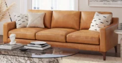 Sorrento Sofa -Poly and Bark LR C2835 TAN SorrentoLeatherSofainCognacTan Lifestyle1 2890x1500px scaled